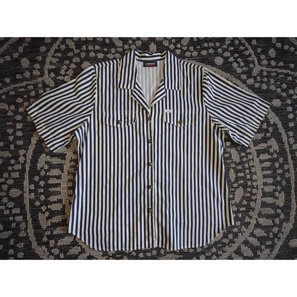 Sz 14 Cabrais Blouse Navy Striped Button Front S/S Collared Nautical
